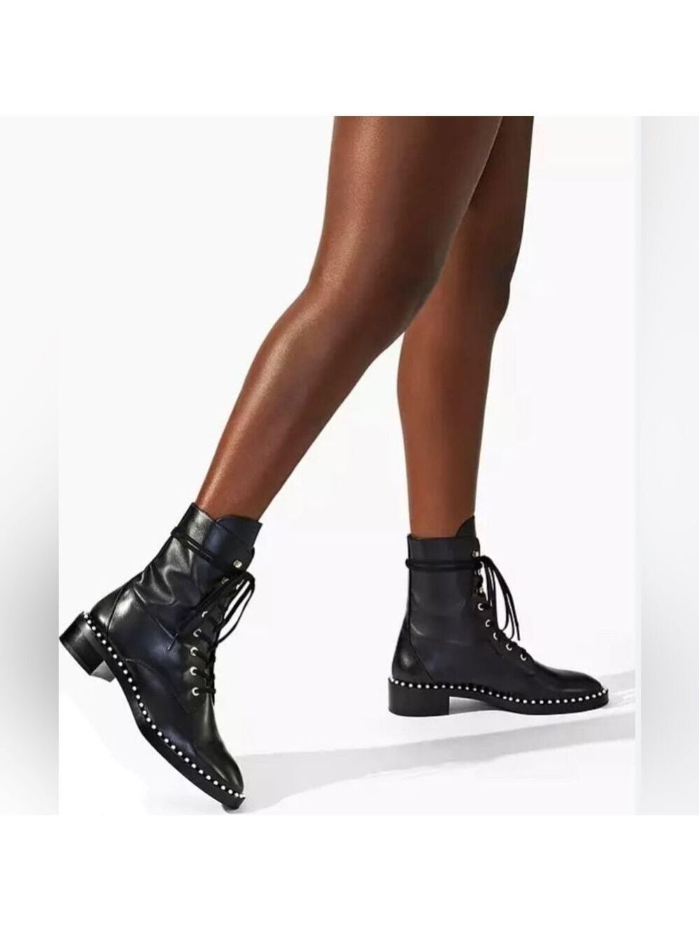 NIB Stuart Weitzman Sondra Leather Combat Pearl Embellished Booties